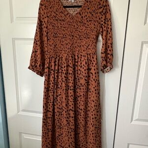 Polagram Rust Leopard Smocked Midi Dress